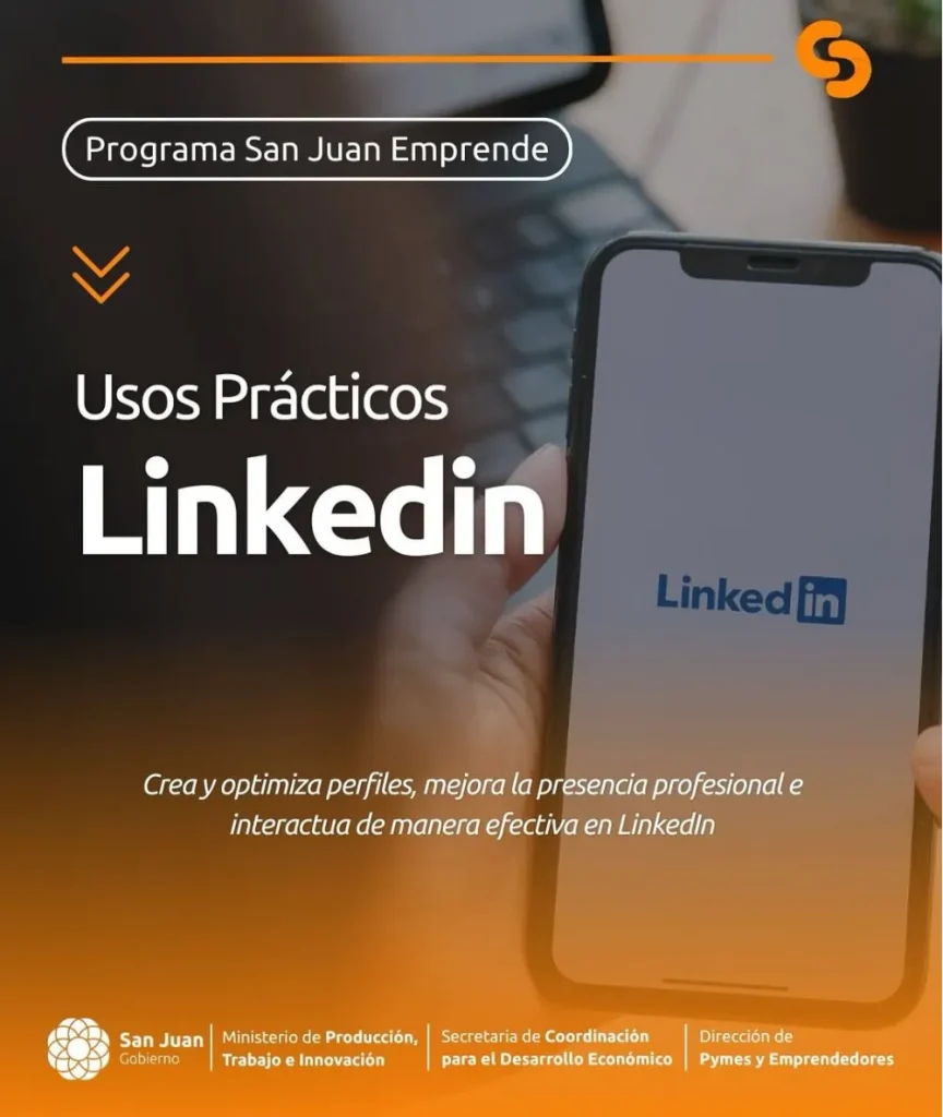 El taller “Usos Prácticos de LinkedIn”, se realizará el miércoles 20 de mayo, de 10 a 12 horas, en la sede de la Agencia Calidad San Juan. La actividad es gratuita, abierta a todo público y requiere inscripción previa.