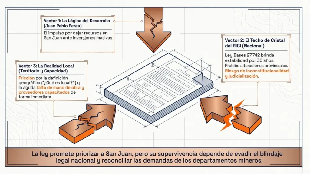 Infografía que detalla la tensión jurídica entre la ley de desarrollo minero local y el RIGI.