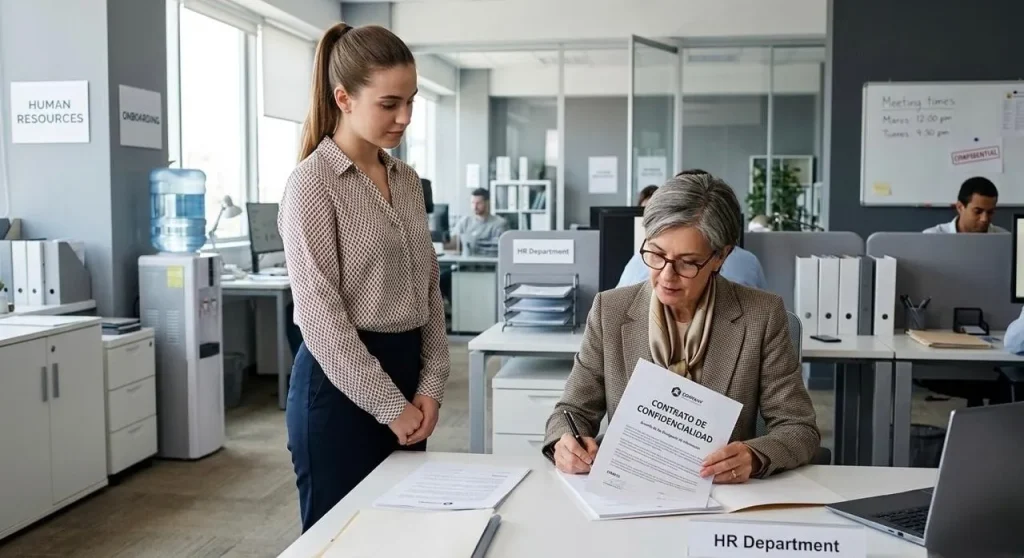 Colaboradora de una minera firmando contrato de confidencialidad en el área de rrhh el primer dia de trabajo. Contenido Original de ACERO Y ROCA - Prohibida su reproducción