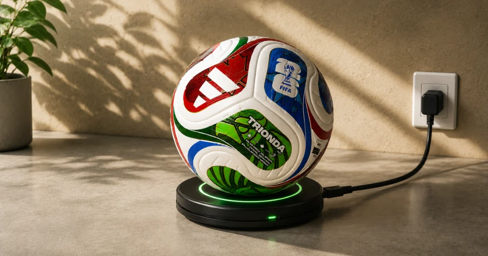 Primer plano de la pelota inteligente Adidas Trionda con tecnología de recarga por inducción magnética.
