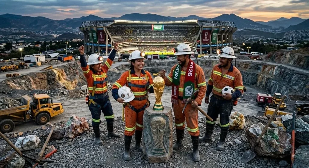 campamento minero y mineros con una copa de fútbol.  Contenido Original de ACERO Y ROCA - Prohibida su reproducción