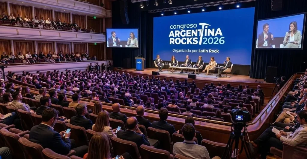 Profesionales y geólogos reunidos en un auditorio analizando mapas andinos en el marco del Argentina Rocks 2026.