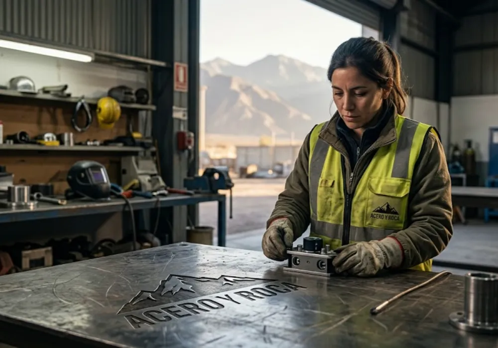 Trabajadores en un taller de metalmecánica sanjuanino preparando estructuras para la mina. Contenido Original de ACERO Y ROCA - Prohibida su reproducción