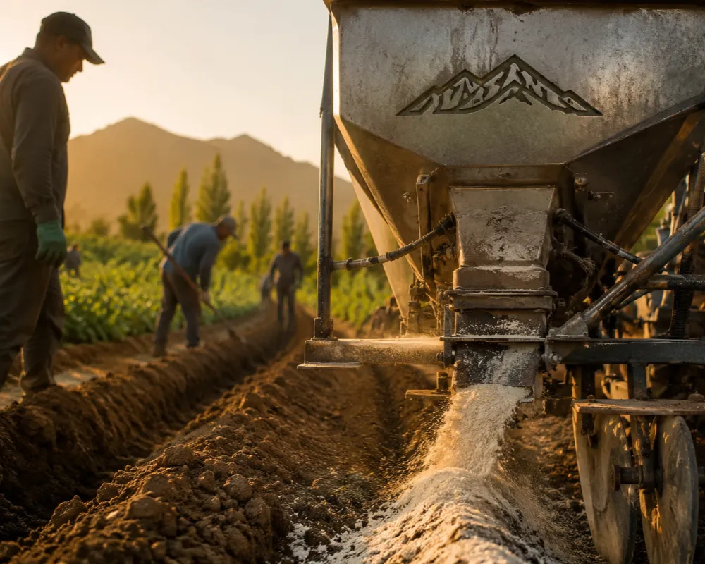 Técnico aplicando minerales en polvo con maquinaria agrícola en campo de San Juan. Contenido Original de ACERO Y ROCA - Prohibida su reproducción