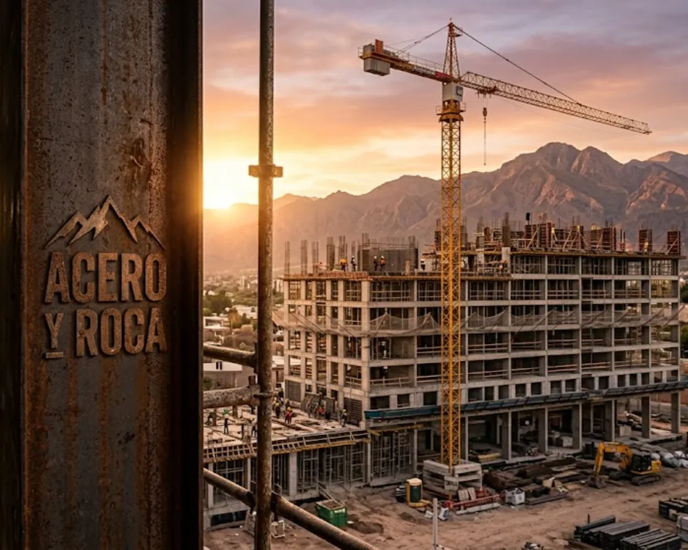 Construcción de un edificio moderno con la cordillera de fondo al atardecer. Contenido Original de ACERO Y ROCA - Prohibida su reproducción