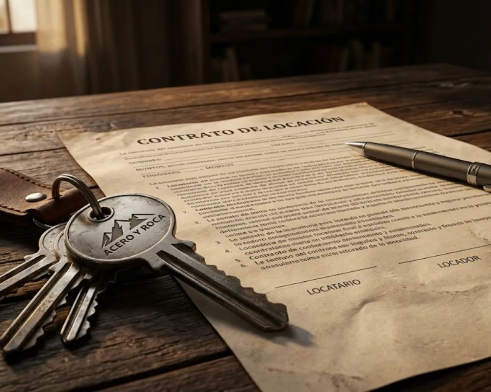Contrato de alquiler y llaves sobre una mesa de madera. Contenido Original de ACERO Y ROCA - Prohibida su reproducción