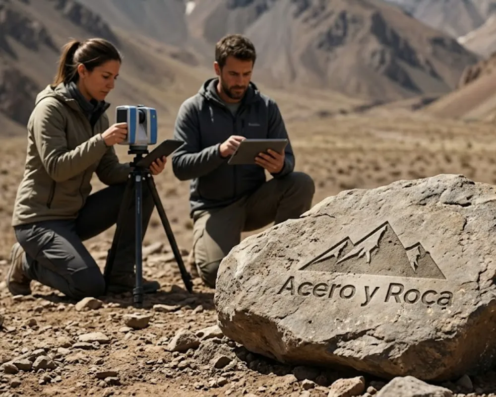 Geólogos realizando mediciones de campo en la cordillera, con el logo de Acero y Roca grabado en una roca en primer plano. Contenido Original de ACERO Y ROCA - Prohibida su reproducción