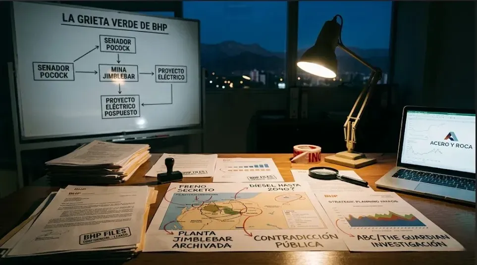 Escritorio de investigación periodística de ACERO Y ROCA en San Juan, Argentina, exhibiendo documentos confidenciales de los BHP Files marcados con anotaciones sobre el mineral de hierro de Pilbara y la parálisis de proyectos renovables. Contenido Original de ACERO Y ROCA - Prohibida su reproducción