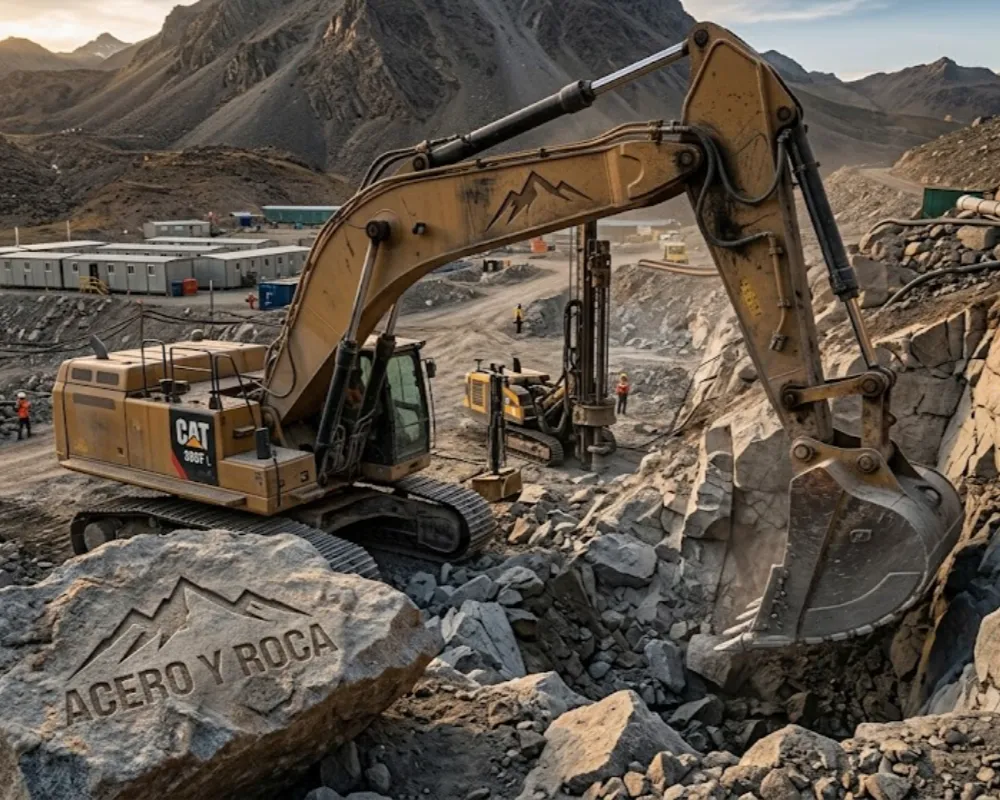 Contenido Original de ACERO Y ROCA - Prohibida su reproducción Maquinaria pesada trabajando en la construcción de infraestructura en un campamento minero cordillerano. Contenido Original de ACERO Y ROCA - Prohibida su reproducción