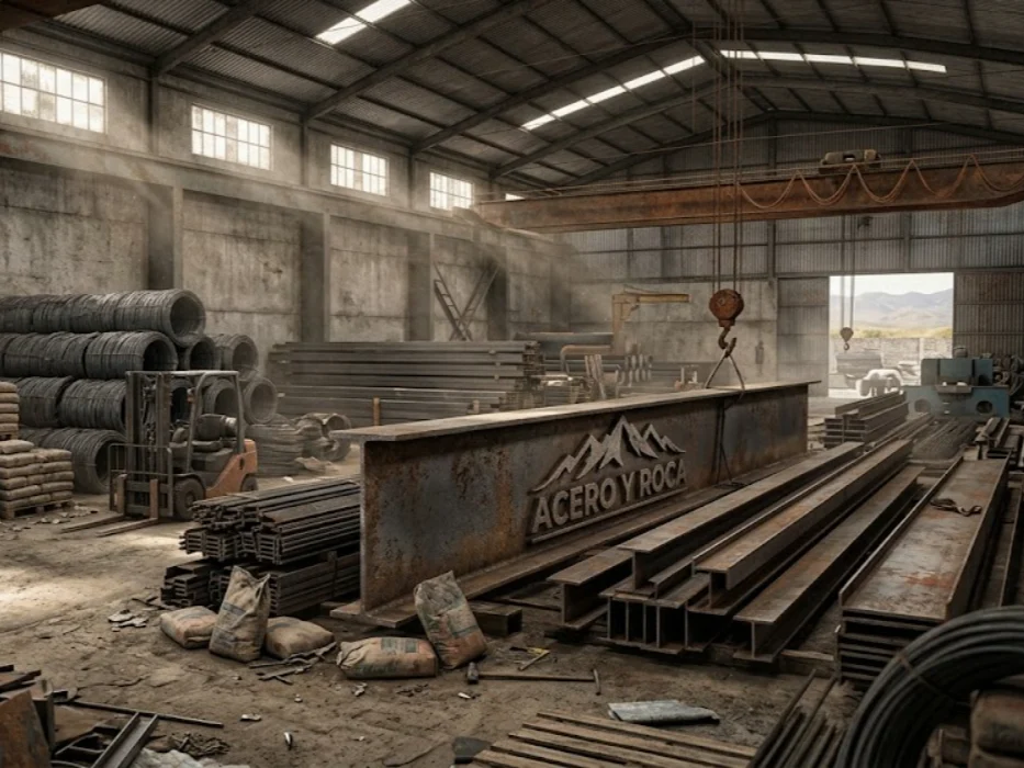 Galpón industrial en Cuyo, repleto de acopios masivos de acero, cemento y materiales de construcción. Contenido Original de ACERO Y ROCA - Prohibida su reproducción