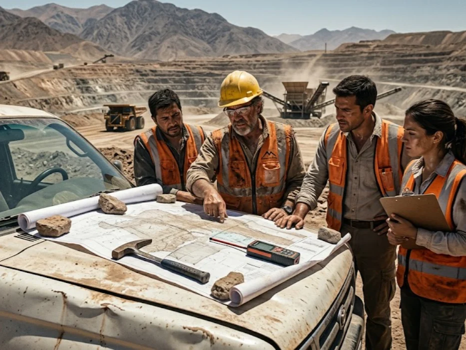 Ingenieros y ejecutivos revisando planos sobre el capó de una camioneta 4x4 desgastada en un terreno árido cerca de una excavación minera en Cuyo. Contenido Original de ACERO Y ROCA - Prohibida su reproducción