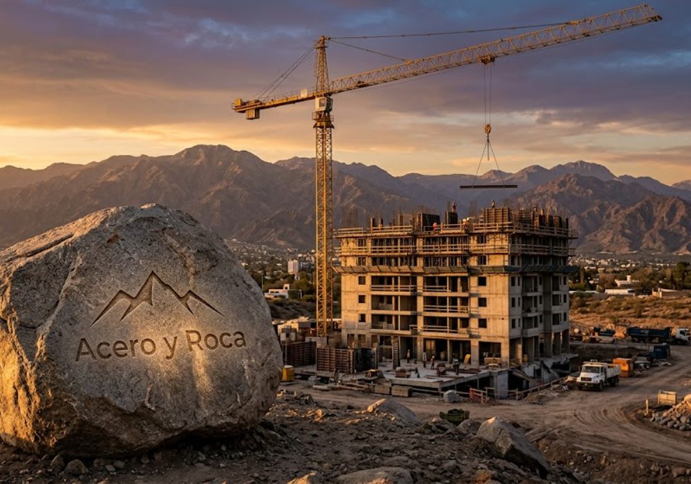 Grúa de torre operando en un edificio a medio terminar en San Juan al atardecer, con la Cordillera de los Andes de fondo. Contenido Original de ACERO Y ROCA - Prohibida su reproducción
