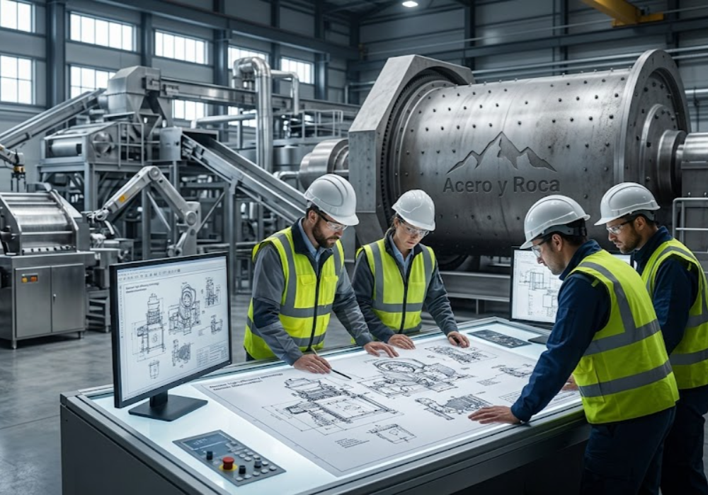Planta de procesamiento de minerales moderna y sofisticada. Un grupo de tres ingenieros industriales, con cascos, gafas de seguridad y chalecos reflectantes, se reúne alrededor de una gran consola de control en primer plano. Contenido Original de ACERO Y ROCA - Prohibida su reproducción