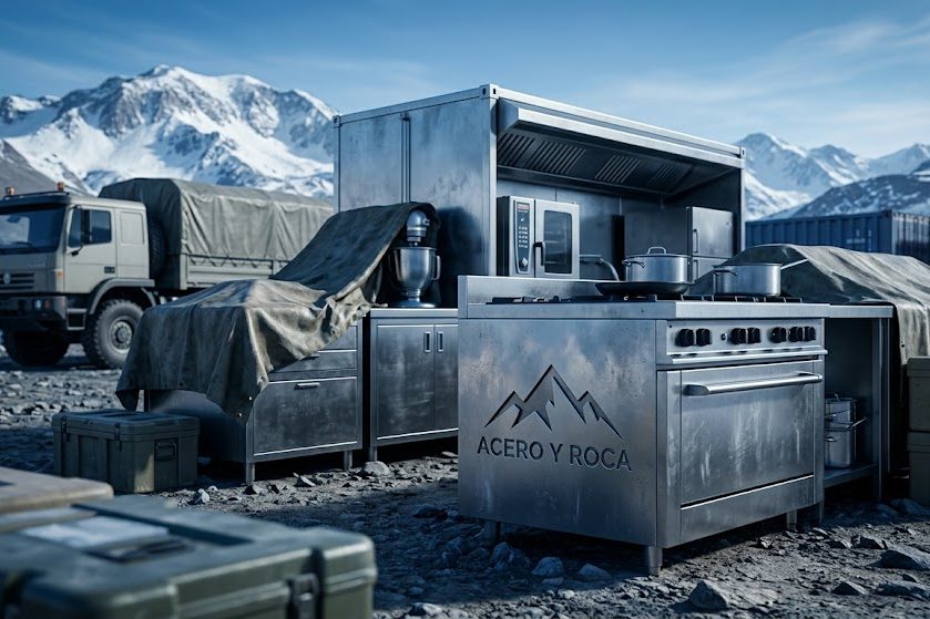Equipamiento de cocina industrial y logística en campamento minero de alta montaña con logo de Acero y Roca fundido en metal. Contenido Original de ACERO Y ROCA - Prohibida su reproducción