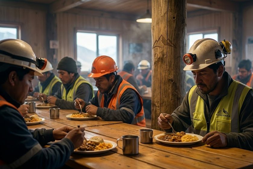 Mineros comiendo en comedor de campamento minero en San Juan con iluminación cinematográfica y logo de Acero y Roca bordado. Contenido Original de ACERO Y ROCA - Prohibida su reproducción