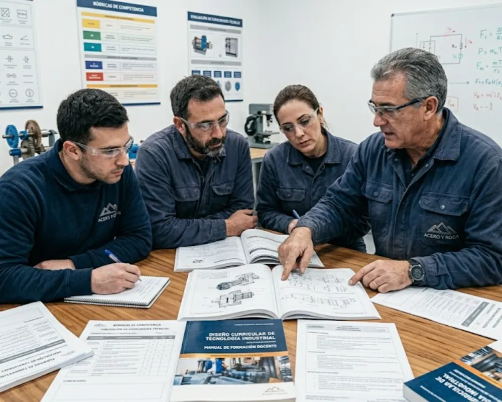 Docentes de escuelas técnicas analizando planes curriculares durante la formación pedagógica. Contenido Original de ACERO Y ROCA - Prohibida su reproducción