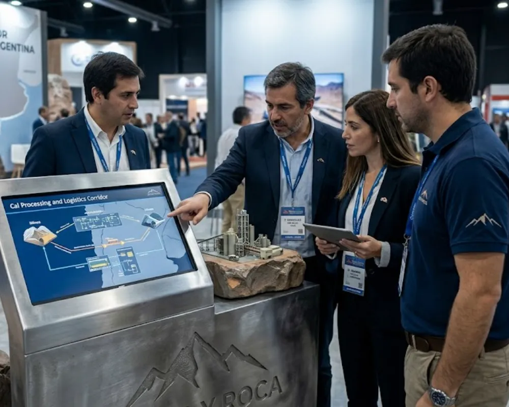 Profesionales chilenos y argentinos intercambiando conocimientos técnicos en un stand de la Expo San Juan Minera. Contenido Original de ACERO Y ROCA - Prohibida su reproducción