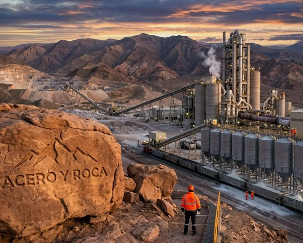 Trabajadores mineros con equipamiento de seguridad de alta visibilidad supervisando una planta de procesamiento de cal. Contenido Original de ACERO Y ROCA - Prohibida su reproducción