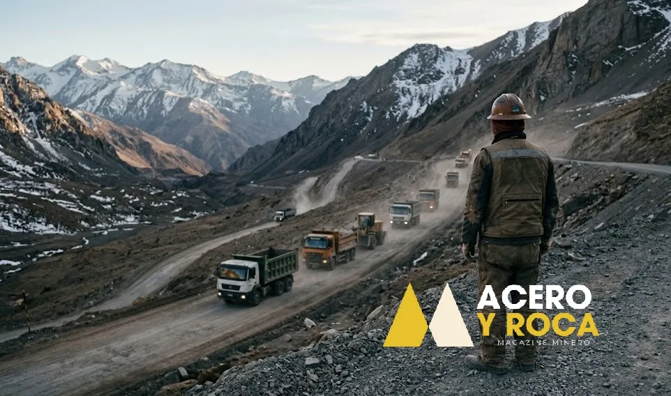 Convoy de camiones y maquinaria minera descendiendo por un camino de montaña a 4000 metros, trabajador solo de espaldas al fondo, ambiente frío y melancólico. Contenido Original de ACERO Y ROCA - Prohibida su reproducción