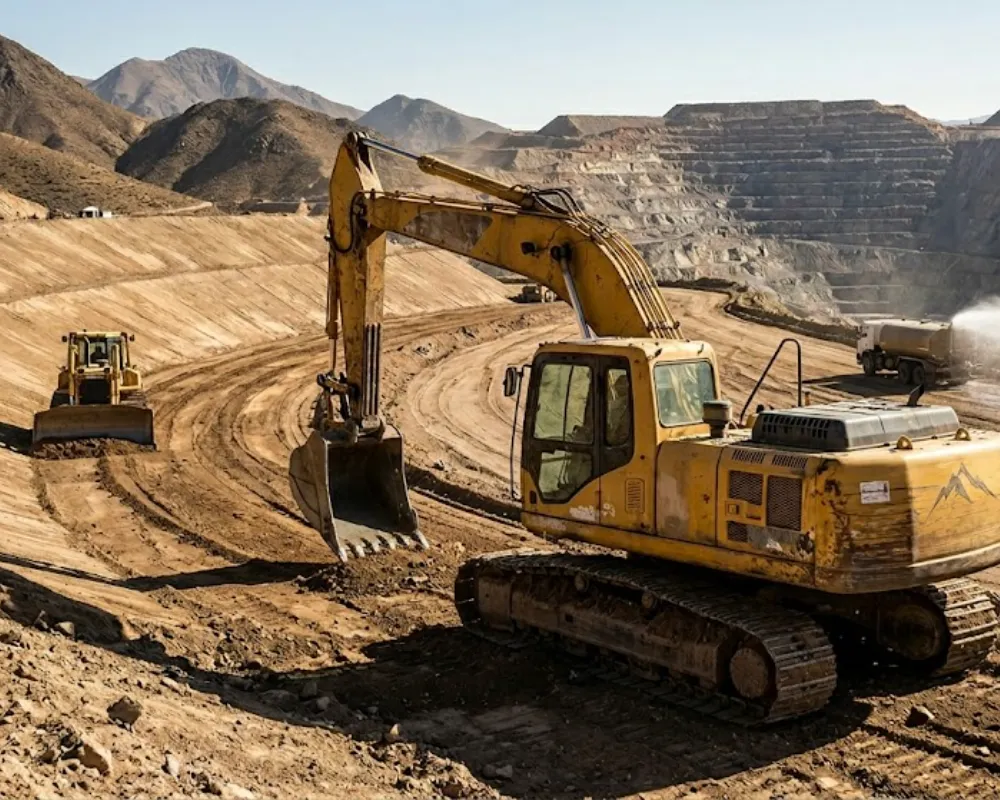 Camiones y excavadoras operando en el perfilado topográfico de una escombrera para asegurar su estabilidad física en el cierre de minas. Contenido Original de ACERO Y ROCA - Prohibida su reproducción