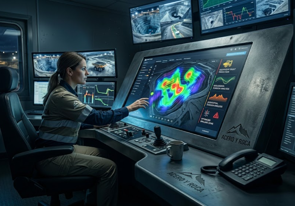 Supervisor minero revisando el dashboard en tiempo real de Control Acción en una pantalla táctil. Contenido Original de ACERO Y ROCA - Prohibida su reproducción