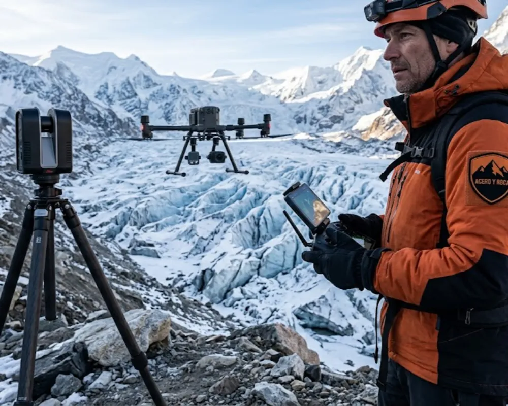 Técnico utilizando tecnología LiDAR y drones para el monitoreo de glaciares, con el logo de Acero y Roca bordado en su uniforme. Contenido Original de ACERO Y ROCA - Prohibida su reproducción