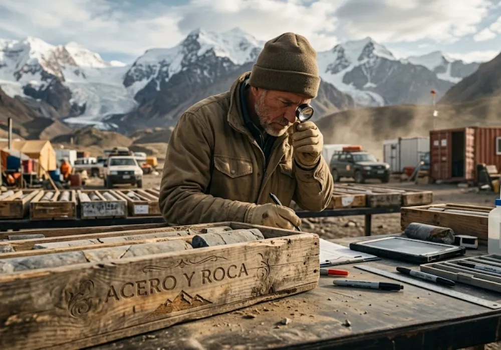 Geólogo inspeccionando testigos de perforación mineral en campamento de exploración andino. Contenido Original de ACERO Y ROCA - Prohibida su reproducción