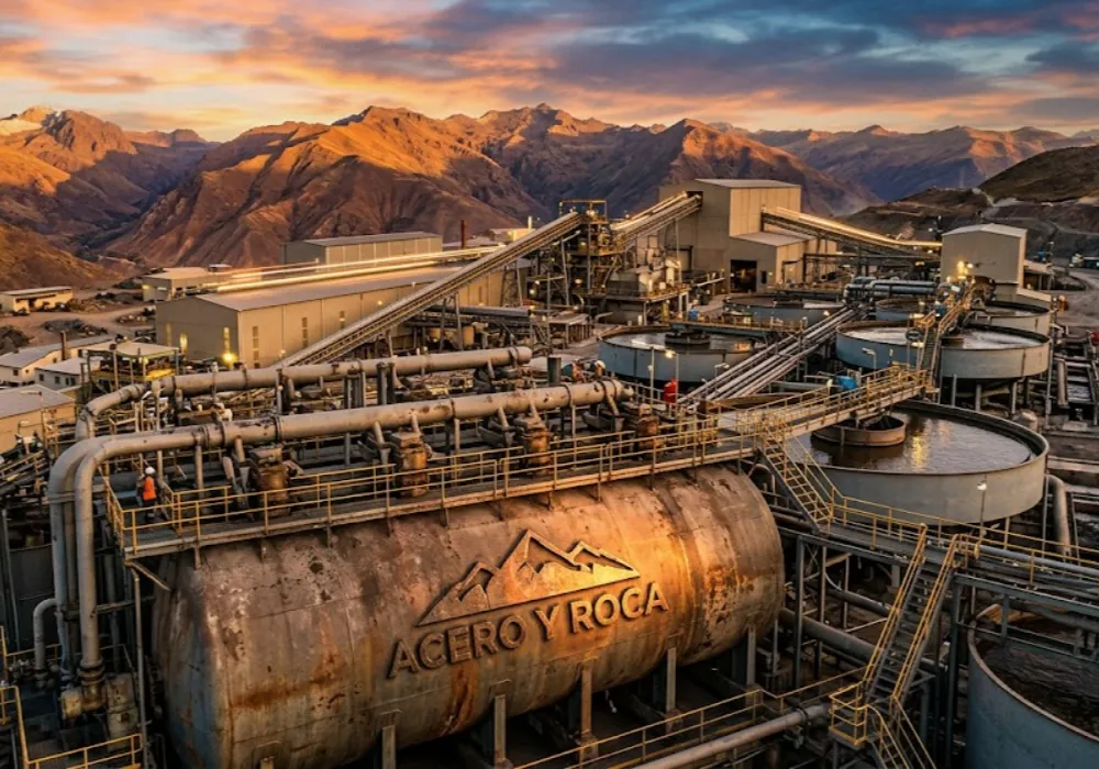 Planta concentradora de cobre operando durante el atardecer en zona montañosa. Contenido Original de ACERO Y ROCA - Prohibida su reproducción