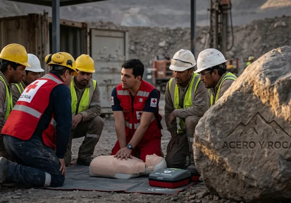 Contenido Original de ACERO Y ROCA - Prohibida su reproducción Operarios mineros con equipo de protección personal recibiendo capacitación en primeros auxilios en un campamento de alta montaña. Contenido Original de ACERO Y ROCA - Prohibida su reproducción