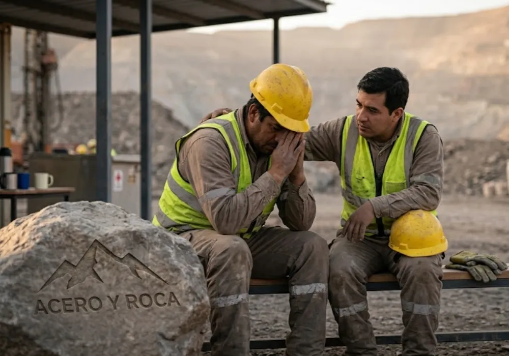 Trabajador minero brindando asistencia y contención a un compañero en un sector de descanso del yacimiento. Contenido Original de ACERO Y ROCA - Prohibida su reproducción