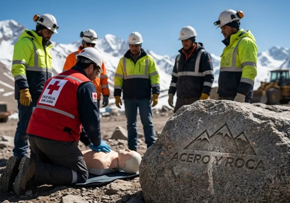 Instructor de la Cruz Roja enseñando maniobras de RCP con un maniquí a un grupo de trabajadores mineros con cascos. Contenido Original de ACERO Y ROCA - Prohibida su reproducción