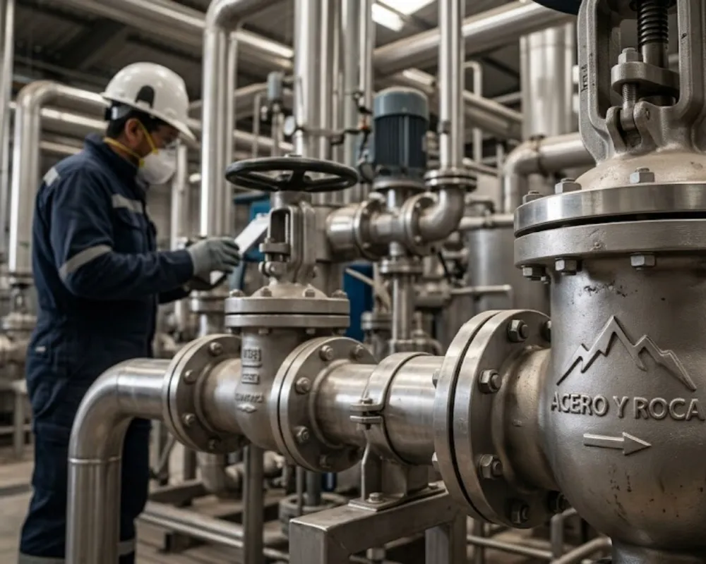 Técnico minero monitoreando válvulas y tuberías industriales de acero inoxidable en una planta química de procesamiento de litio en la Puna de Atacama. Contenido Original de ACERO Y ROCA - Prohibida su reproducción