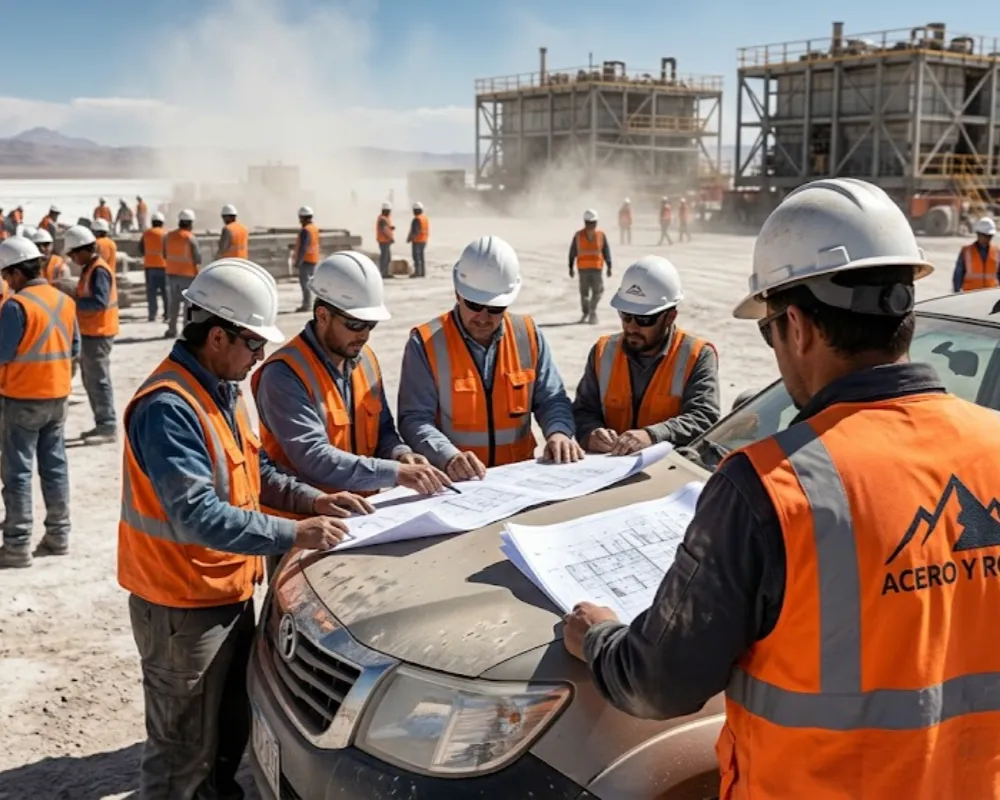 Ingenieros y contratistas mineros revisando planos complejos sobre el capó de una camioneta cubierta de polvo en un gran obrador de construcción en un salar de la Puna. Contenido Original de ACERO Y ROCA - Prohibida su reproducción