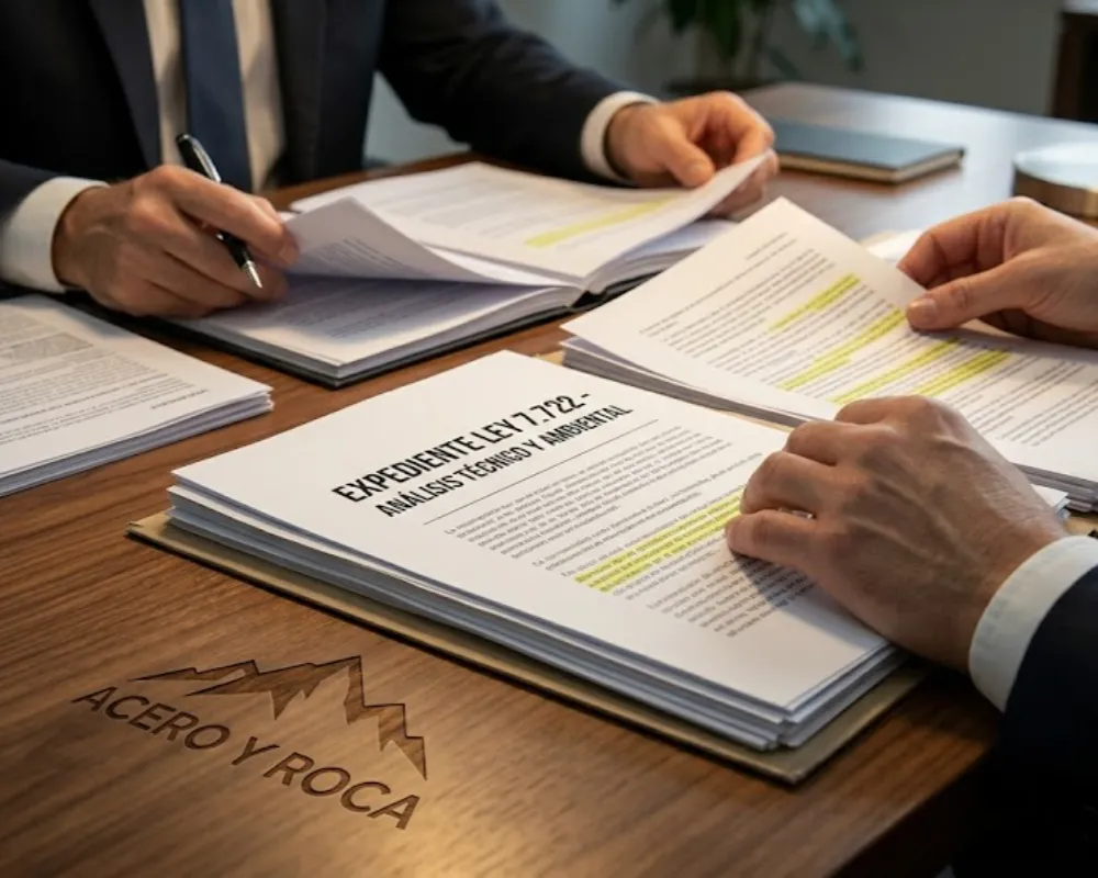 Abogado analizando expedientes legales sobre un escritorio de madera. Contenido Original de ACERO Y ROCA - Prohibida su reproducción