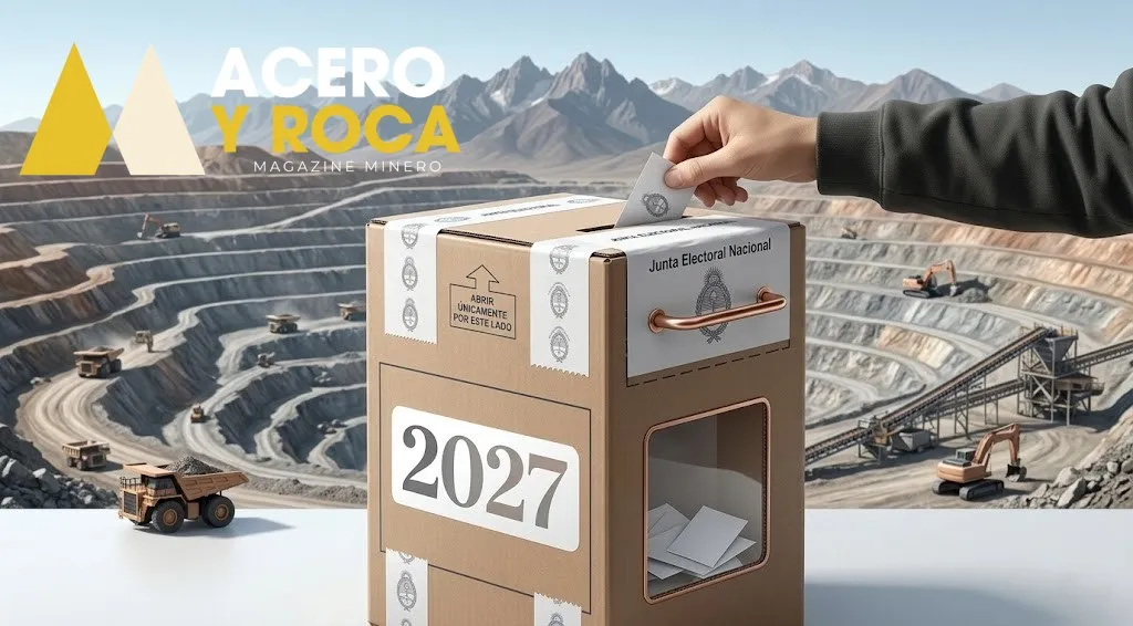 magen conceptual: una urna transparente con el número 2027, superpuesta sobre un fondo de minería a cielo abierto con camiones y montañas. Contenido Original de ACERO Y ROCA - Prohibida su reproducción