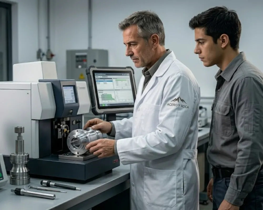 Contenido Original de ACERO Y ROCA - Prohibida su reproducción Laboratorio metalúrgico regional, mostrando equipamiento científico avanzado e investigadores analizando componentes de desgaste industrial. Fuente de imagen: Imagen ilustrativa de Acero y Roca.