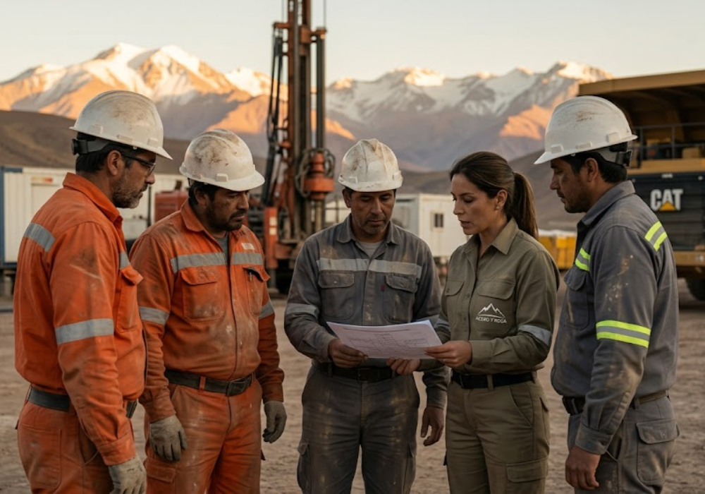 Profesionales de minería en un sitio de exploración andino en San Juan al amanecer. Contenido Original de ACERO Y ROCA - Prohibida su reproducción