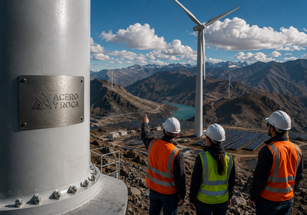Ingenieros mineros inspeccionando infraestructura de energía renovable con logo de Acero y Roca fundido en el metal. Contenido Original de ACERO Y ROCA - Prohibida su reproducción