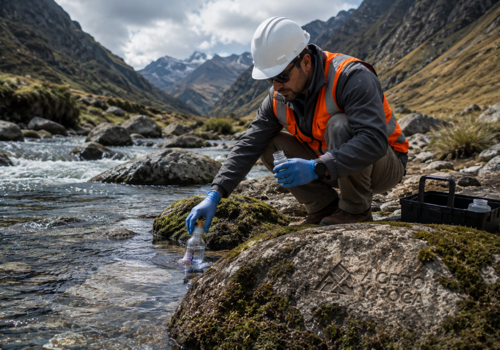 Auditor tomando muestras de agua para control de impacto ambiental con logo de Acero y Roca grabado en una roca en el entorno. Contenido Original de ACERO Y ROCA - Prohibida su reproducción