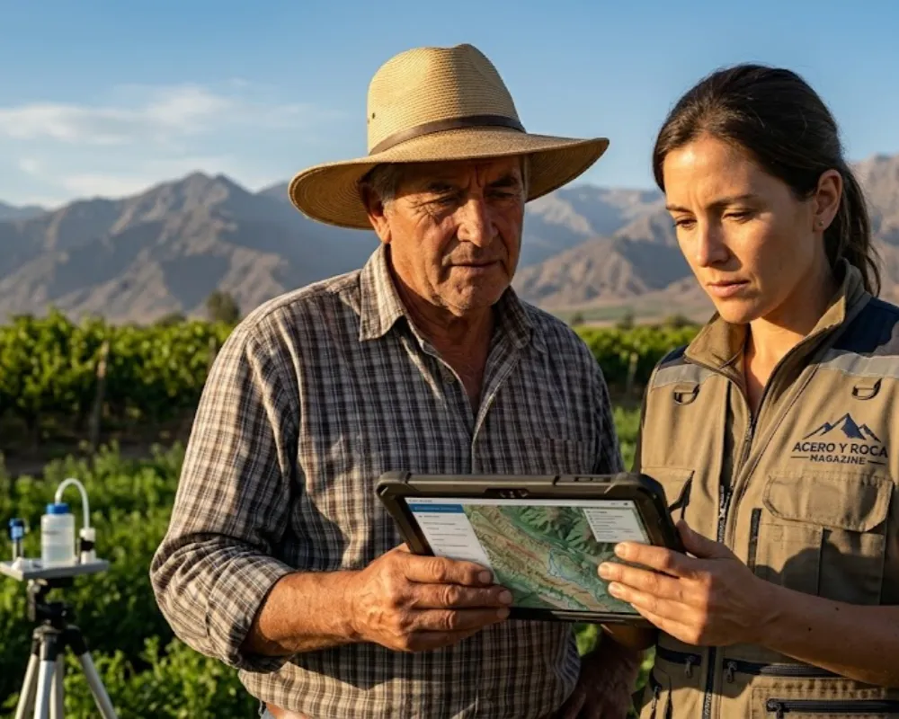 Profesionales en el campo analizando datos en una tablet. Contenido Original de ACERO Y ROCA - Prohibida su reproducción