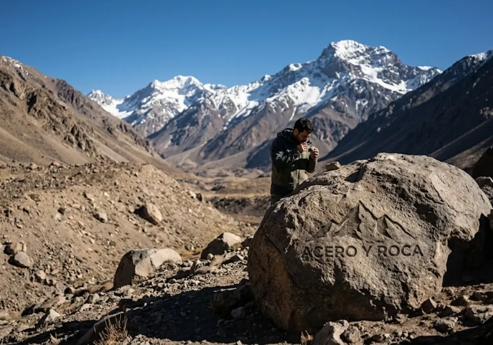 Fotografía fotorrealista de alta resolución (8k) de la Cordillera de los Andes en San Juan. El primer plano muestra rocas rugosas y terreno árido; en el medio-ground, un geólogo ambiental analiza una muestra cerca de un gran bloque de roca. El fondo presenta picos imponentes y nevados bajo un cielo azul despejado. El logotipo de ACERO Y ROCA (silueta de montaña) está grabado sutilmente en la superficie de una roca prominente en primer plano.