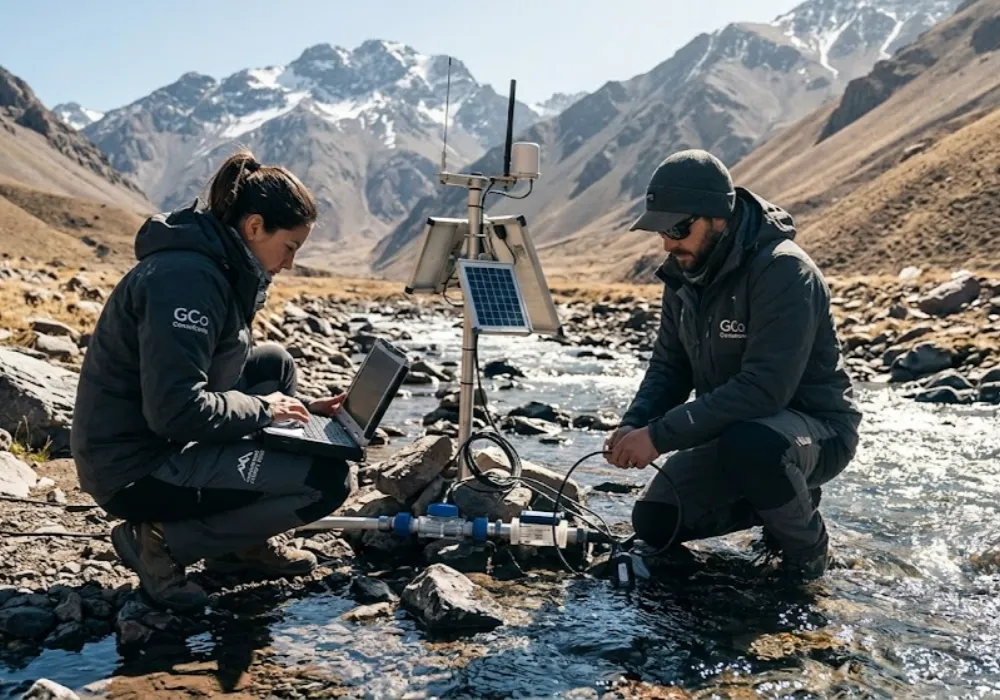 Estación de monitoreo hidrológico de alta tecnología junto a un cauce de deshielo glaciar en un valle andino de San Juan. Contenido Original de ACERO Y ROCA - Prohibida su reproducción