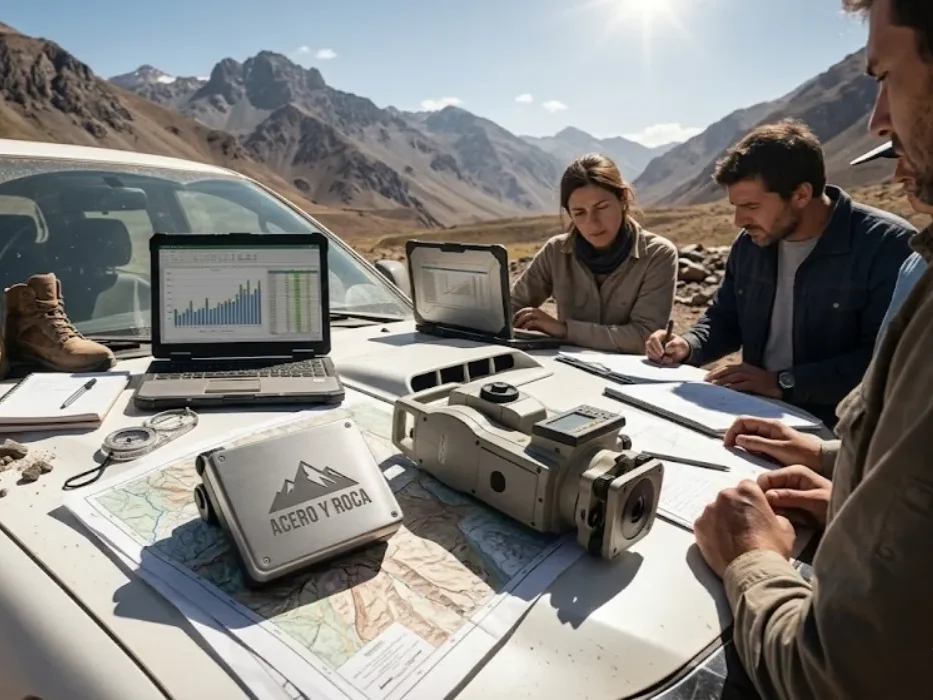 Camioneta 4x4 en una región montañosa remota de San Juan. Un equipo técnico, incluyendo ingenieras (referencia GCo), revisa mapas topográficos detallados y laptops con gráficos y hojas de cálculo financieras (CAPEX/OPEX). El logotipo de ACERO Y ROCA (silueta de montaña) está grabado sutilmente en la superficie metálica de una herramienta de medición topográfica que descansa sobre el mapa. Contenido Original de ACERO Y ROCA - Prohibida su reproducción