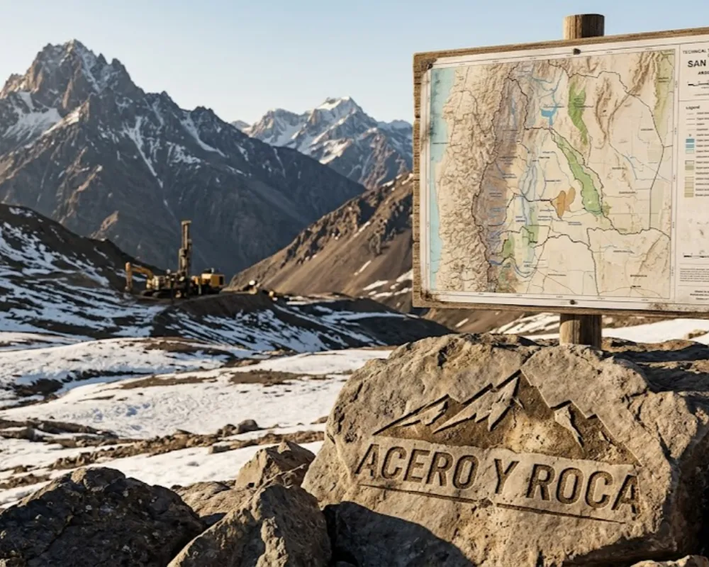 Mapa técnico de zonas periglaciares y proyectos mineros en la cordillera de San Juan. Contenido Original de ACERO Y ROCA - Prohibida su reproducción
