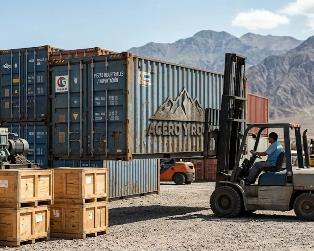 Contenedores comerciales en terminal logística de distribución de insumos industriales. Contenido Original de ACERO Y ROCA - Prohibida su reproducción