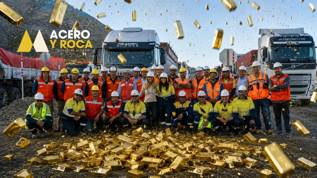 Equipo de trabajadores de Hualilán con cascos y uniformes, de fondo una planta minera, y una lluvia de lingotes de oro (doré) cayendo sobre ellos. Imagen conceptual.