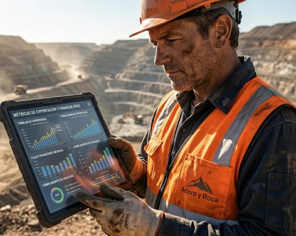 Un operario minero sostiene una tableta digital de alta resistencia en un entorno de operaciones a cielo abierto. La pantalla muestra un panel con métricas financieras y de exportación transparentes. Contenido Original de ACERO Y ROCA - Prohibida su reproducción