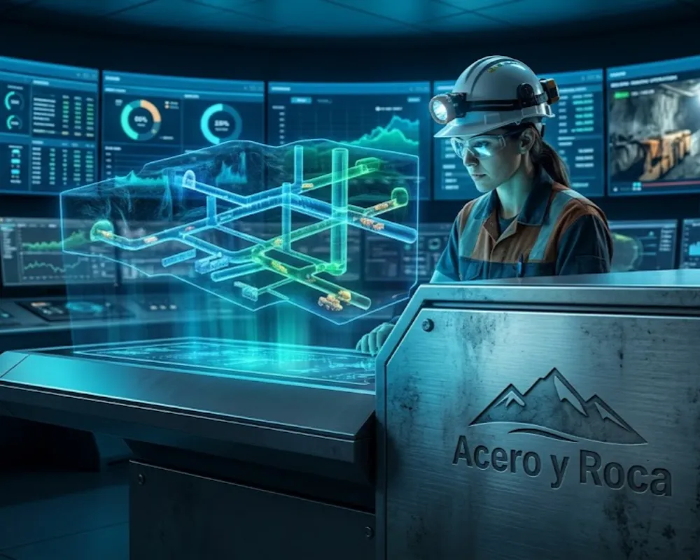 Una ingeniera minera con casco de seguridad analiza un modelo holográfico tridimensional de una mina subterránea en una sala de control moderna. Contenido Original de ACERO Y ROCA - Prohibida su reproducción