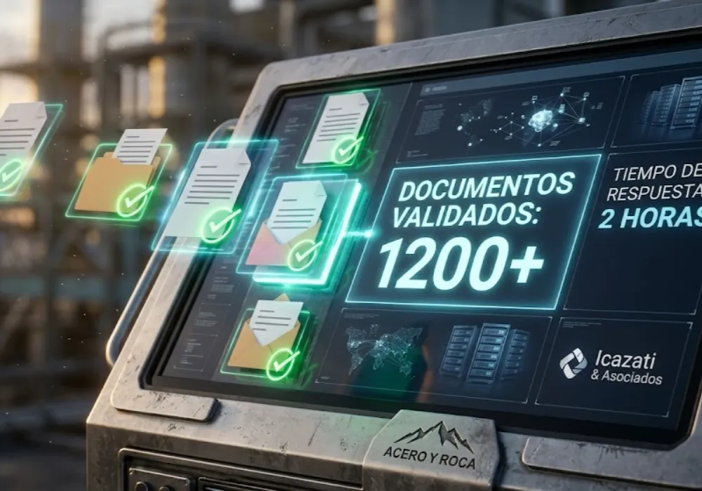 Terminal de datos de Icazati & Asociados que muestra una interfaz de pantalla táctil digital en funcionamiento. Contenido Original de ACERO Y ROCA - Prohibida su reproducción