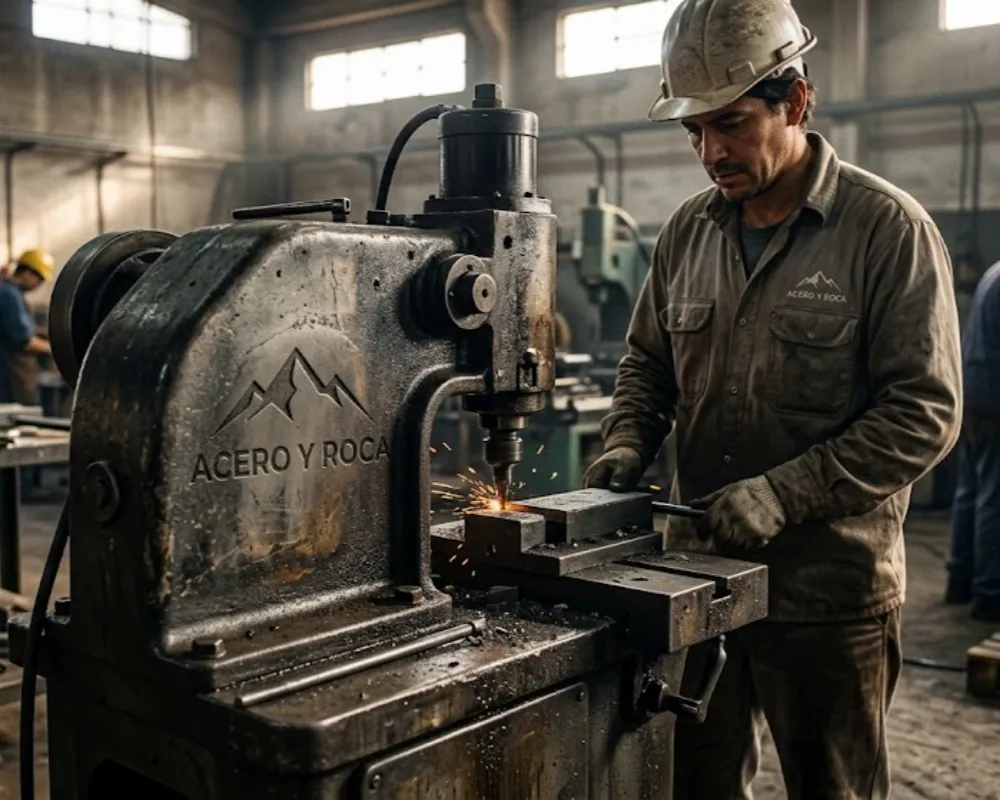 Taller industrial pyme con operarios trabajando en maquinaria metalúrgica.  Contenido Original de ACERO Y ROCA - Prohibida su reproducción
